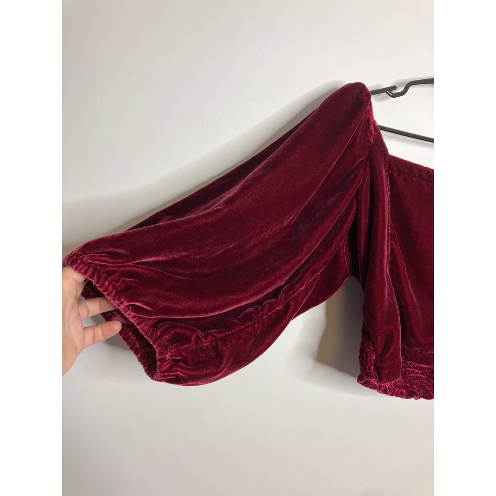 Free People Velvet Crop Top Womens L Burgundy Excellent Puff Sleeve Tie Back - Picture 4 of 9